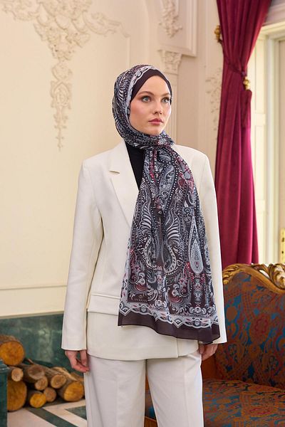 İpekhan Dark Plum Patterned Silk Voile Shawl - 9804-07