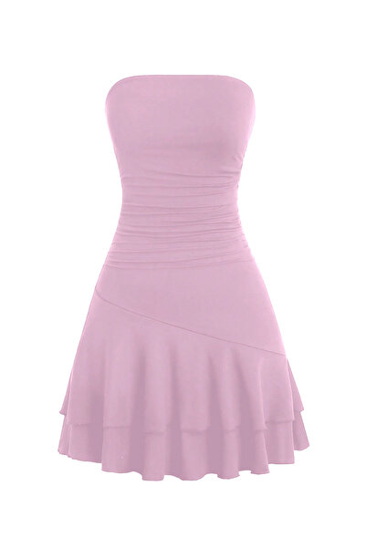 Edela Straplez Drapeli Mini Pembe Elbise 6015
