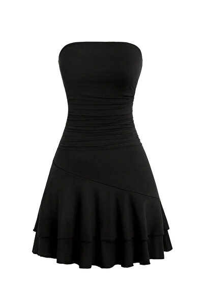 Edela Straplez Drapeli Mini Siyah Elbise 6015