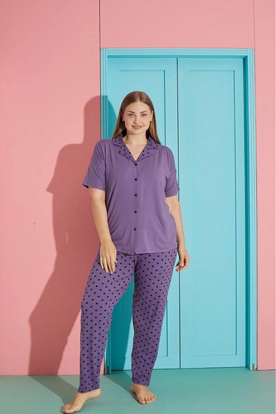 Pijamoni Plus Size Milan Fabric Button Front Lilac Pajamas Set-7560