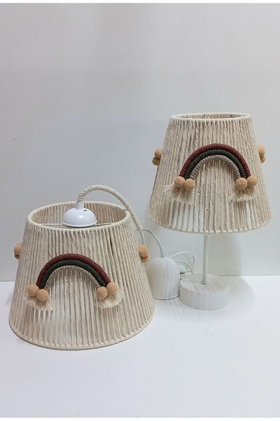 C&A&B KUZEY AVİZE Ecru Macrame Rope Wrap - Chandelier and Lampshade Set with Rainbow Sconce