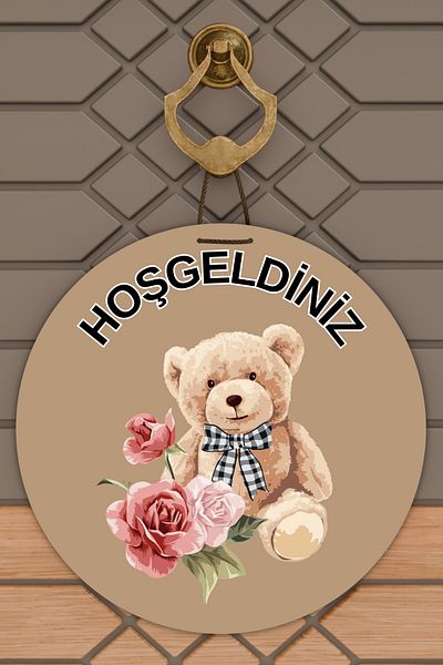 Rugmood Модерна украса за врата Кафява роза Плюшено мече Добре дошли Украса за външна врата