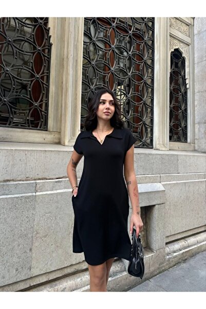 sportiness Polo Yaka Cepli Önü Çımalı Siyah Elbise