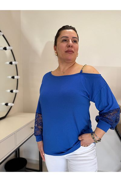 garajmood Saks Shoulder Chain και μανίκια Δαντέλα Λεπτομερής Μπλούζα Plus Size