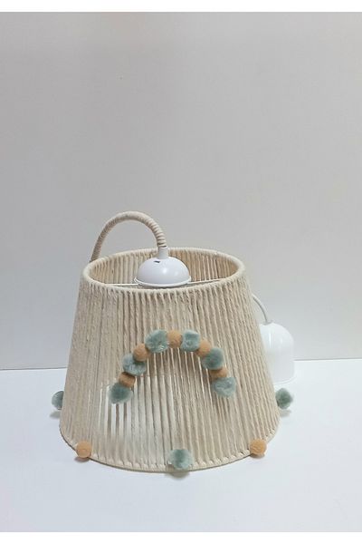 C&A&B KUZEY AVİZE Ecru Macrame - Green Pompom, Rope Wrapped Mink Soft Baby and Kids Room Design