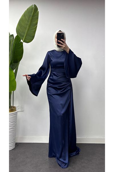 Tarzım Tuba Large Spanish Sle Long Piece Detailed Special Occasion Evening Dress Navy Blue