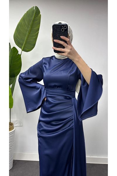Tarzım Tuba Large Spanish Sle Long Piece Detailed Special Occasion Evening Dress Navy Blue