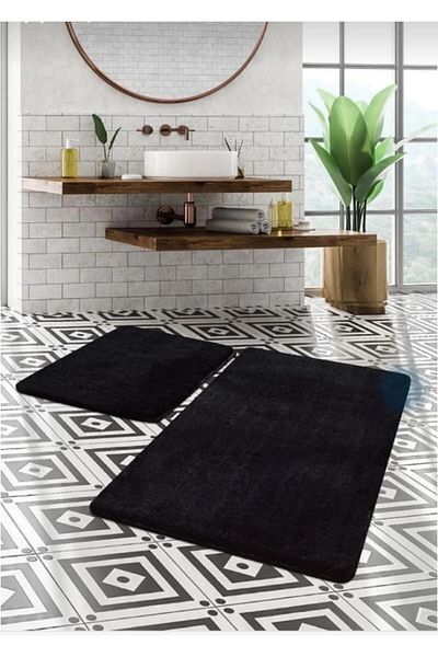 ALTUN CARPET 2-Piece Black Modern Plush Non-Slip Base Bathroom Mat 1 Piece 50X80+40X50 Can Be Washed in the Machine 30 Degree
