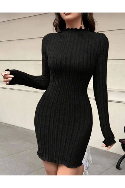 Gülmude Rochie tricotată pentru femei Figura Beton Mini rochie Toamnă Rochie casual cu mânecă lungă cu margine ondulată