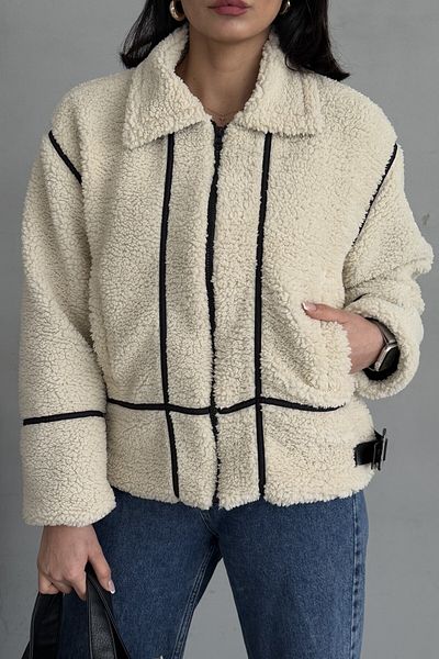 moda armanc Beige Plush Women's Coat with Design Detail
