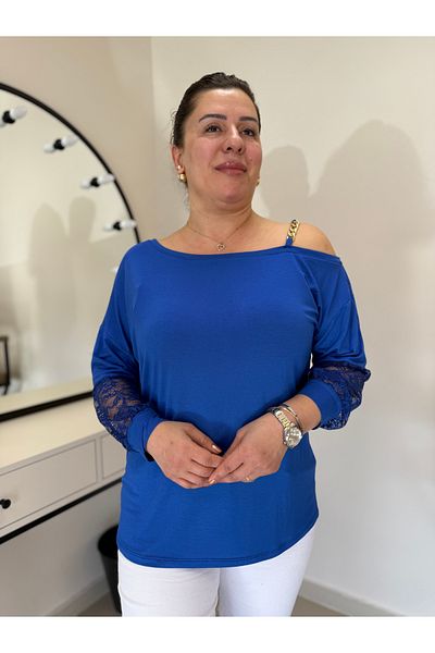 garajmood Saks Shoulder Chain και μανίκια Δαντέλα Λεπτομερής Μπλούζα Plus Size