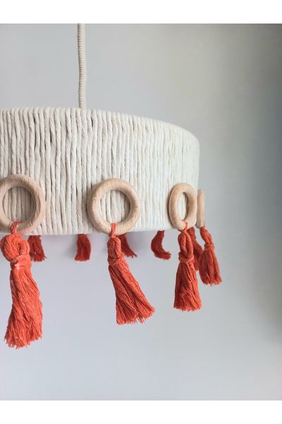 C&A&B KUZEY AVİZE Ecru Makrome Rope Hanger Wooden Ring and Fringed Baby Girl/Boy Children's Young Room Design Pendant Lamp Chandelier