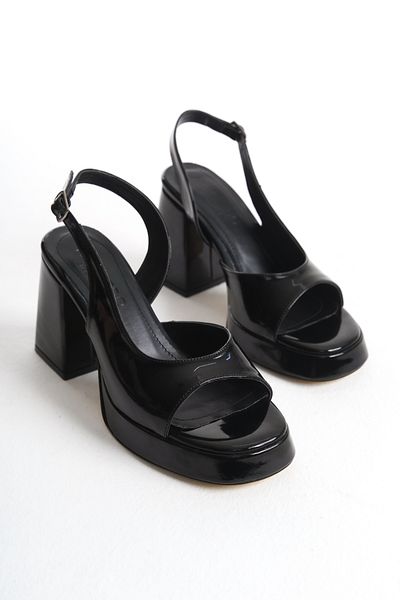 MARSEDO Pantofi de seară cu platformă elegantă - damă, toc gros, vârf tocit, piele lacuită neagră