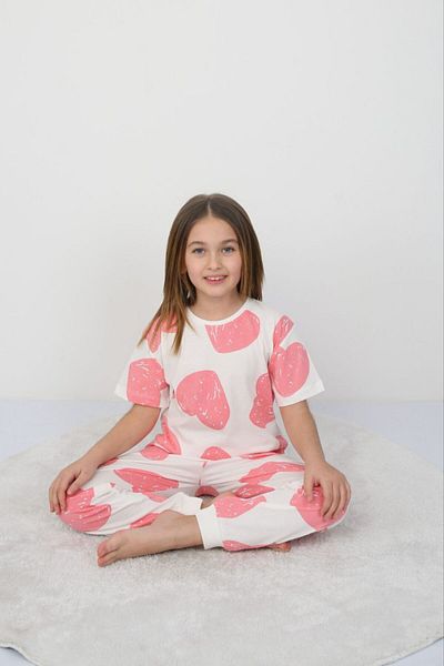 bunny hopp Girls' 100% Cotton Summer Short Sleeve Pajamas Set-Heart Pattern