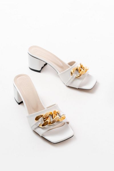 marinarosse Women's Bella White Skin Chain Buckle Detailed Slippers