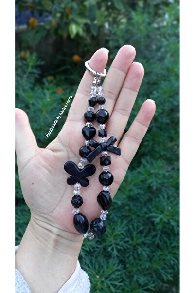 Atolye Ferda Siyah Renkli Fiyonk ve Kelebek Figürlü Telefon Charmı Çanta Süsü