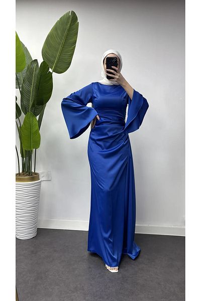 Tarzım Tuba Saks Blue Special Occasion Evening Dress with Large Spanish Sleeves and Long Piece Detail