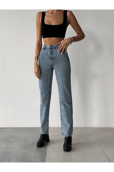 LİMABEL Milano Gizem Zaha - Blugi Mom cu talie înaltă albastru deschis cu Lycra și Snow Wash Mom Jeans