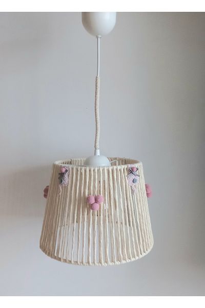 C&A&B KUZEY AVİZE Pink Pompom Floral Patterned - Girl's Young Room Baby Kids Ecru Macrame Room Design Pendant Lamp Chandelier