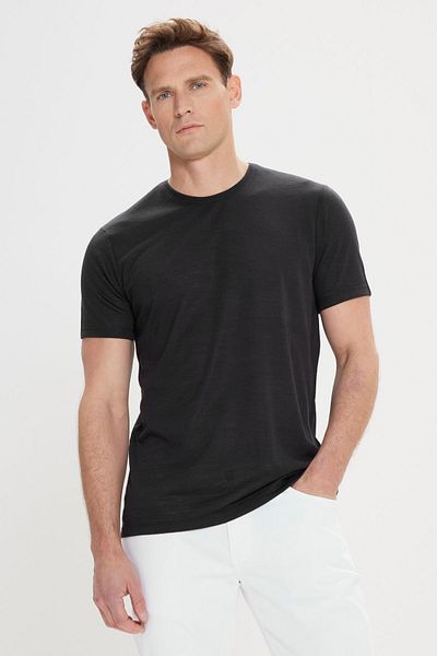 ALTINYILDIZ CLASSICS Pánské černé triko Slim Fit Slim Fit Linen Look Crew Neck