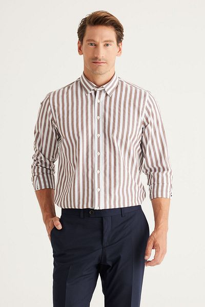 AC&Co / Altınyıldız Classics Men's Brown White Slim Fit Slim Fit Hidden Button Collar Cotton Shirt