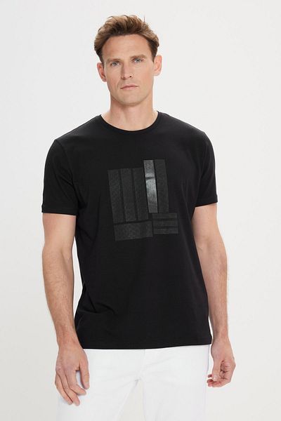 ALTINYILDIZ CLASSICS Men's Black Slim Fit Narrow Cut Crew Neck Cotton Printed T-Shirt