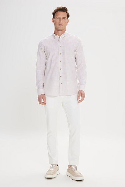 ALTINYILDIZ CLASSICS Beige Slim Fit Herren-Sommerhemd – 100 % Baumwolle, Leinen-Look, geknöpfter Kragen
