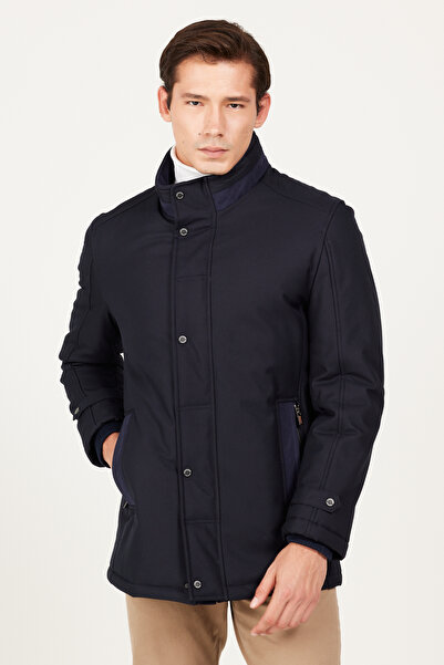 ALTINYILDIZ CLASSICS Men's Navy Blue Standard Fit Regular Cut Stand Collar Coat