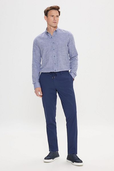 AC&Co / Altınyıldız Classics Ανδρικό μπλέ Navy Comfort Fit Χαλαρή κομμένη βαμβακερή ζώνη με τσέπες Dobby παντελόνι