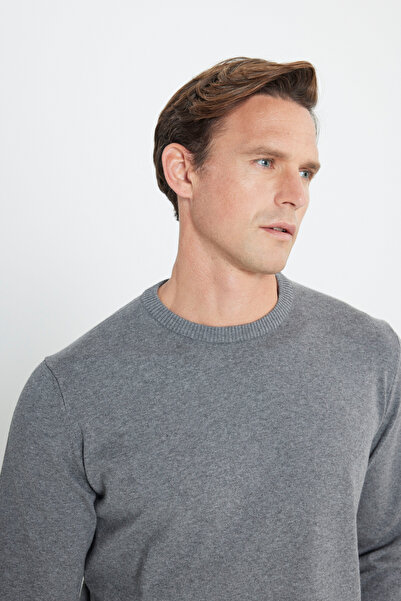 ALTINYILDIZ CLASSICS Men's Gray Melange Cotton Standard Fit Regular Cut Crew Neck Knitwear Sweater