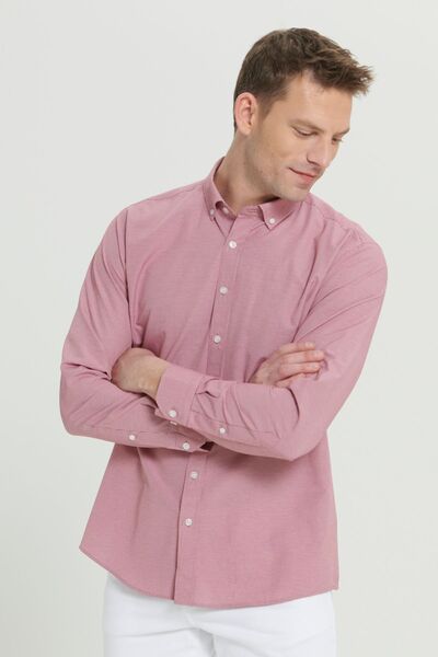 AC&Co / Altınyıldız Classics Red Cotton Men's Shirt - Comfort Fit, Relaxed Fit, Hidden Button Collar