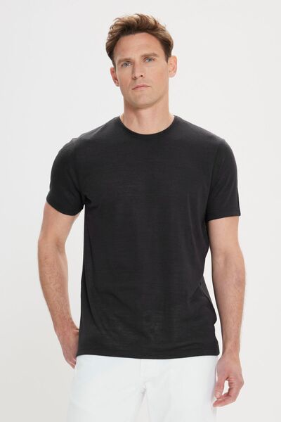ALTINYILDIZ CLASSICS Pánské černé triko Slim Fit Slim Fit Linen Look Crew Neck