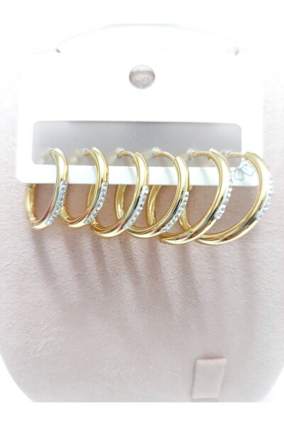 Tasarım Steel Earrings 3-Piece Zircon Stone Round Hoop Model Earrings 2 mm Thickness Gold Yellow Gold