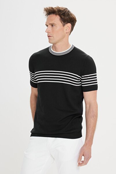 AC&Co / Altınyıldız Classics Ανδρικό μπλουζάκι με κανονική εφαρμογή 100% βαμβακερό ριγέ με λαιμόκοψη