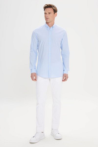 ALTINYILDIZ CLASSICS WhiteBlue Comfort Fit Бавовняна клітинка з гомлеком на ґудзиках Комір на ґудзиках Розслаблений крій
