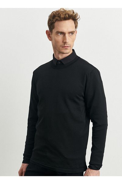 ALTINYILDIZ CLASSICS Pulover negru pentru bărbați, cu croială obișnuită, cu croiala normală, tricotaje cu gât.