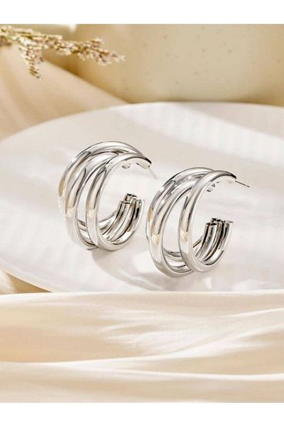 QAYYO Three Row Cutout Hoop Women's Steel Earrings