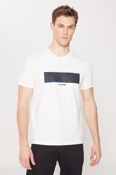 ALTINYILDIZ CLASSICS Men's White Slim Fit Narrow Cut Crew Neck Cotton Patterned T-Shirt