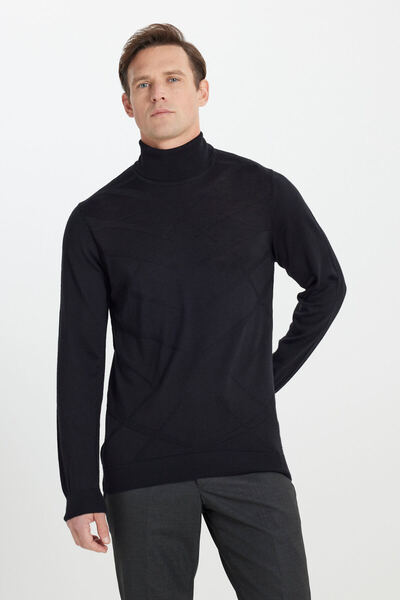 ALTINYILDIZ CLASSICS Erkek Siyah Sıcak Tutan Standart Fit Normal Kesim Tam Balıkçı Yaka Jakarlı Yünlü Triko Kazak