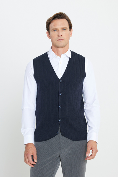 ALTINYILDIZ CLASSICS Erkek Lacivert %100 Pamuk Standart Fti Normal Kesim V Yaka Jakarlı Triko Yelek