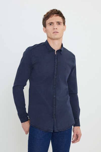 ALTINYILDIZ CLASSICS Men's Navy Blue Slim Fit Slim Fit Hidden Button Collar Cotton Shirt