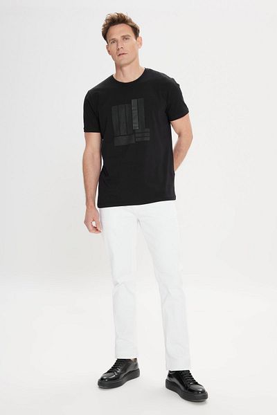 ALTINYILDIZ CLASSICS Men's Black Slim Fit Narrow Cut Crew Neck Cotton Printed T-Shirt