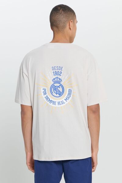 AC&Co / Altınyıldız Classics Erkek Açık Bej Real Madrid Lisanslı Oversize Fit Bol Kesim %100 Pamuk Bisiklet Yaka Tişört