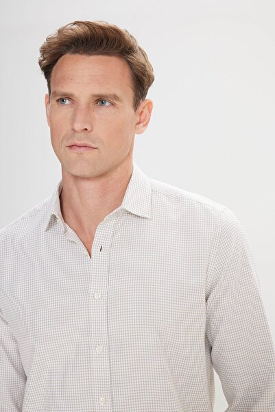 ALTINYILDIZ CLASSICS Λευκό-μπεζ ανδρικό πουκάμισο - Easy Iron, Slim Fit, Button Collar, Seersucker Pattern