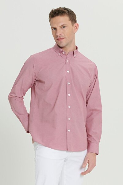AC&Co / Altınyıldız Classics Red Cotton Men's Shirt - Comfort Fit, Relaxed Fit, Hidden Button Collar