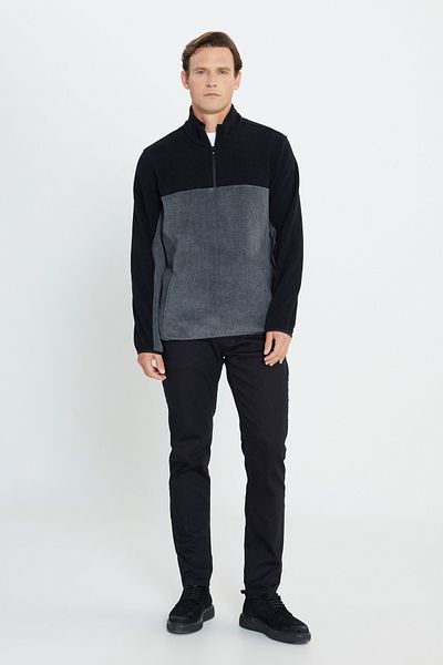 AC&Co / Altınyıldız Classics Men's Black-Light Melange Anti-Pilling Non-Pilling Standard Fit Stand-up Collar Fleece Sweatshirt