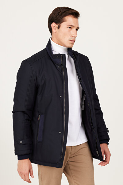 ALTINYILDIZ CLASSICS Men's Navy Blue Standard Fit Regular Cut Stand Collar Coat