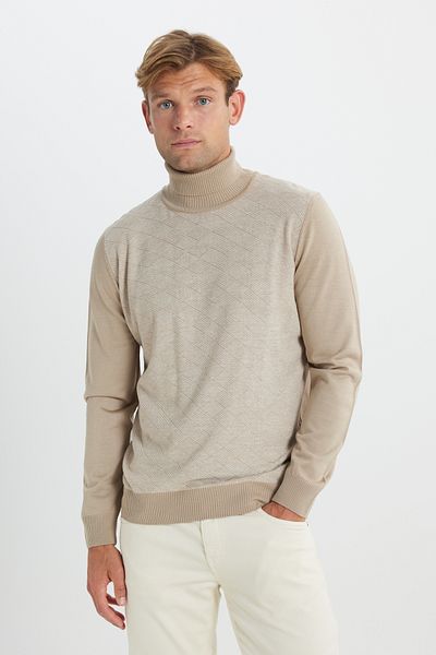 ALTINYILDIZ CLASSICS Beige-Light Beige Men's Knitwear Sweater - Non-Pilling, Full Turtleneck, Patterned