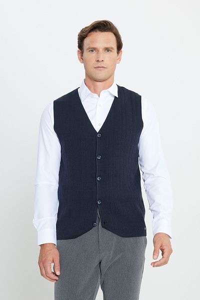 ALTINYILDIZ CLASSICS Ανδρικό πλεκτό γιλέκο Navy Blue 100% βαμβακερό κανονικό Fti κανονική εφαρμογή με λαιμόκοψη σε V λαιμόκοψη