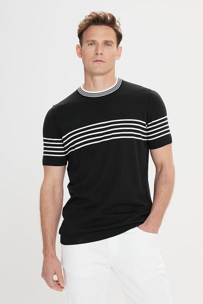 AC&Co / Altınyıldız Classics Pánské černo-bílé standardní střih Regular Fit 100% bavlna Pruhované tričko s výstřihem a výstřihem